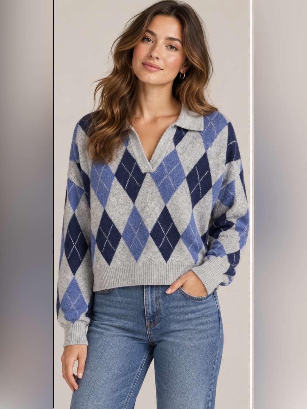 Soft Blue Gray Argyle Open Polo Collar Preppy Sweater Cropped Boxy Knit Medium